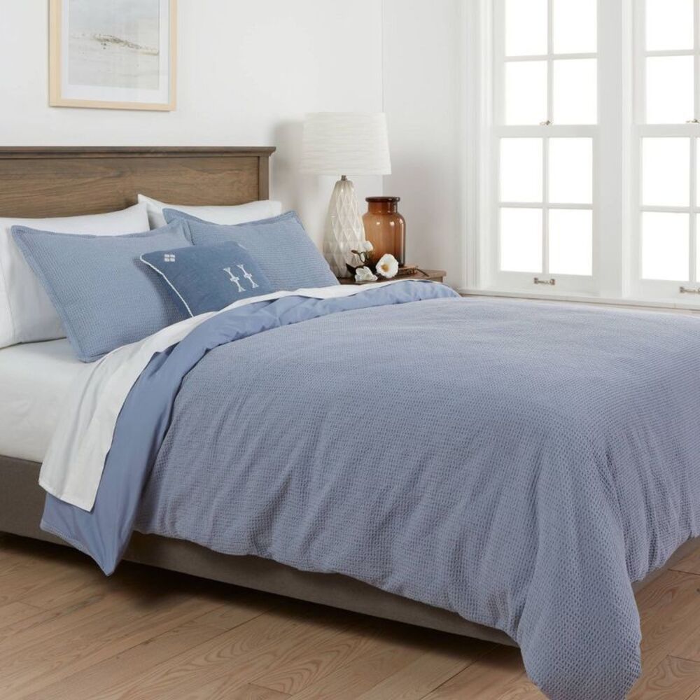 Full/Queen 220TC Cotton Washed Waffle Weave Bedding Duvet Cover Set - Blue